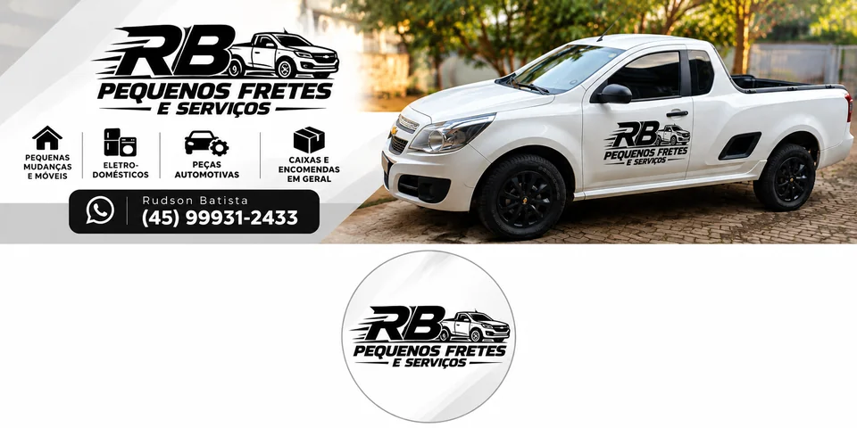 Banner da RB Pequenos Fretes e Serviços com a identidade da empresa e uma picape branca